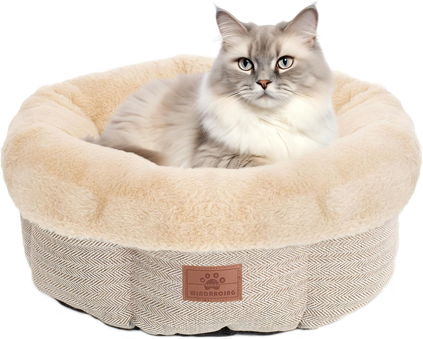 Cat Beds for Indoor Cats,Kitten Bed,Dog Bed for Extra Small Dogs Breeds,Puppy Kennel Bed, Comfy Durable Pet Sleeping Bed, Washable Roun Cat Beds & Non-Slip Bottom, Beige 18" L X 18" W X 7" Th