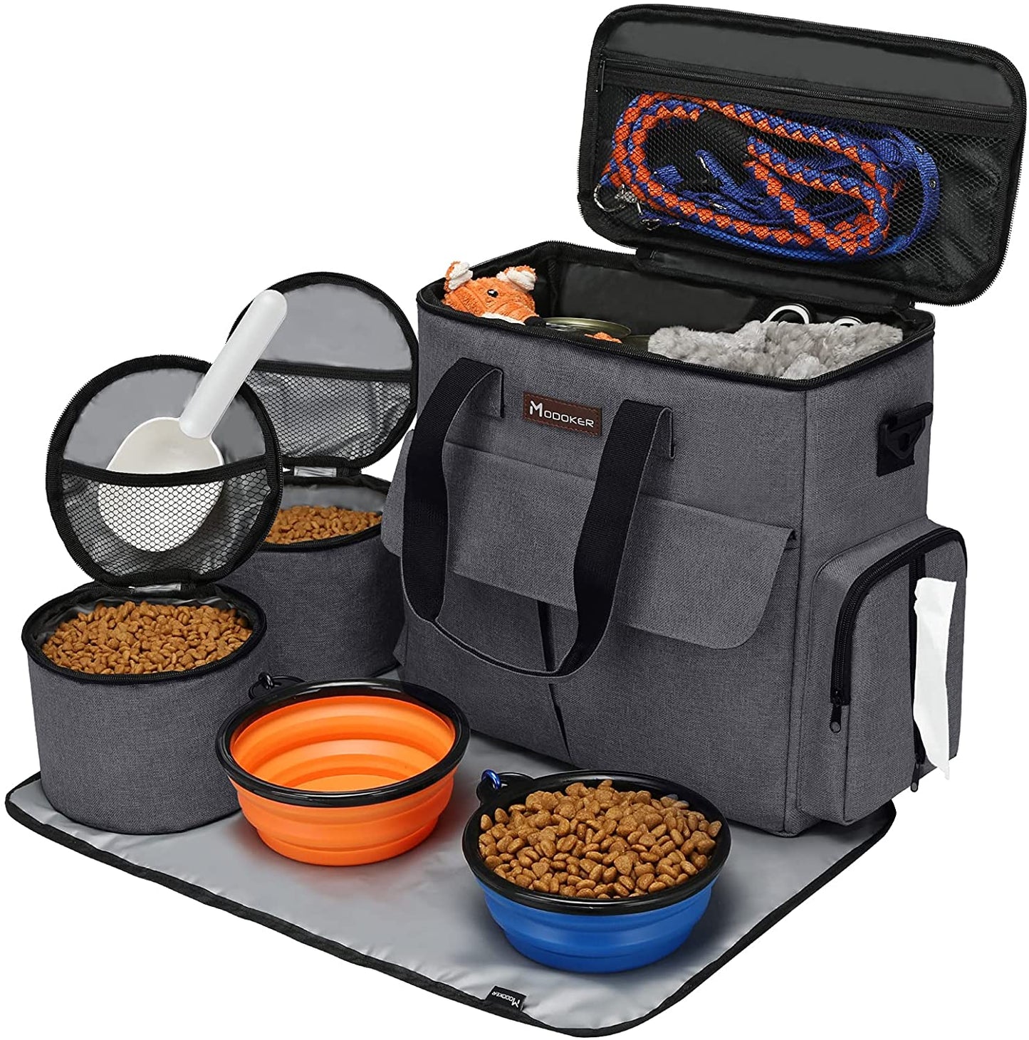 Dog Travel Bag with 2 Collapsible Dog Bowls, 1 Dog Backpack, Airline Approved Pet Travel Bagorganizer for Supplies & Accessories, 2 Travel Dog Food Container, Black