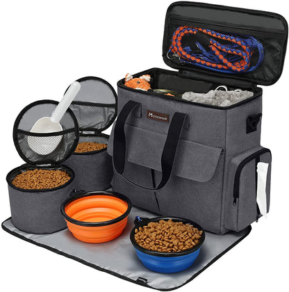 Dog Travel Bag with 2 Collapsible Dog Bowls, 1 Dog Backpack, Airline Approved Pet Travel Bagorganizer for Supplies & Accessories, 2 Travel Dog Food Container, Black
