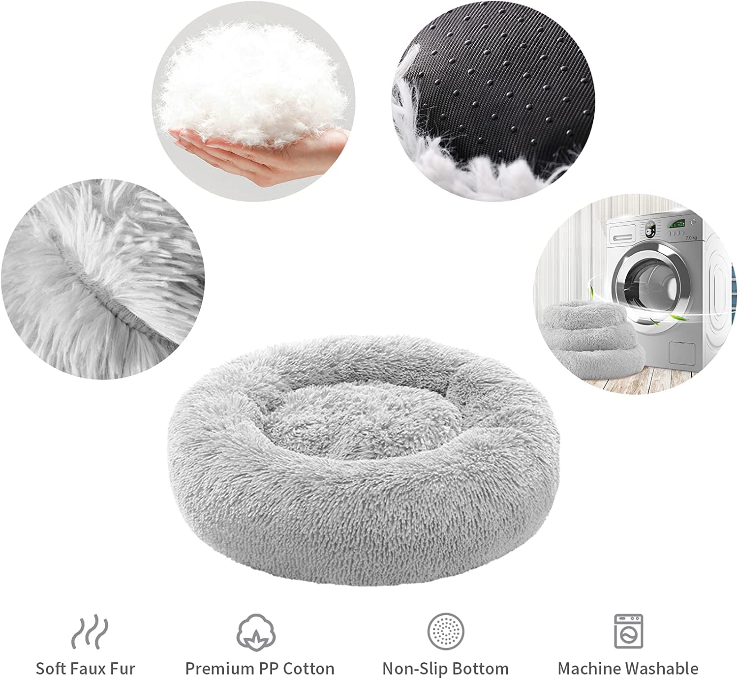 Anti-Anxiety Round Pet Bed for Cats and Dogs - Cozy Plush Design, Machine Washable, 20x20 Inches, Grey