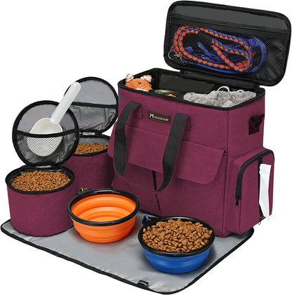 Dog Travel Bag with 2 Collapsible Dog Bowls, 1 Dog Backpack, Airline Approved Pet Travel Bagorganizer for Supplies & Accessories, 2 Travel Dog Food Container, Black