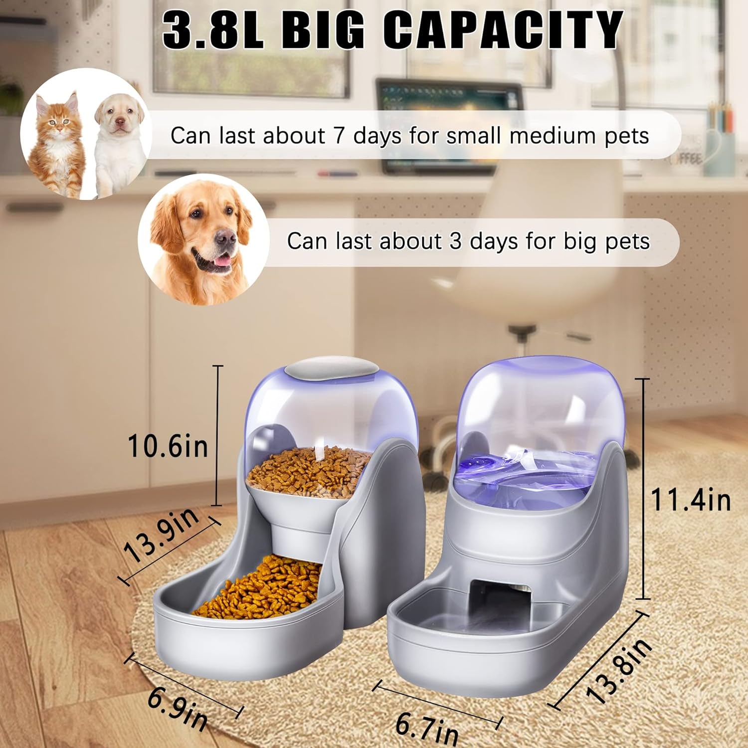 Automatic Dog and Cat Food Feeder and Water Dispenser Set with Stainless Steel Bowls,Gravity Pet Food and Water Feeders,100% Bpa-Free,Large Capacity for Cats Dogs Pets (Brown)