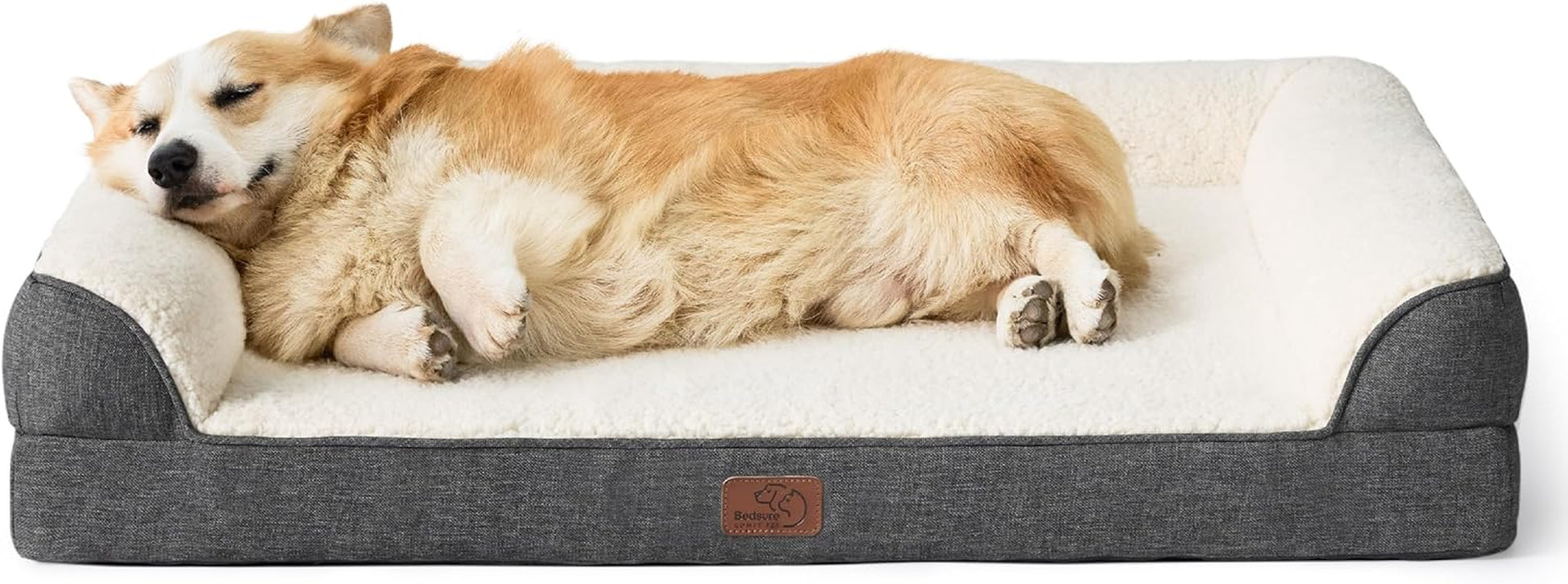 Orthopedic Memory Foam Dog Bed for Medium Dogs - Egg and Memory Foam Sofa with Soft Sherpa Surface, Bolster Design, Removable Washable Cover, Waterproof Layer, and Nonskid Bottom in Grey