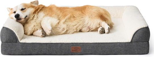Orthopedic Memory Foam Dog Bed for Medium Dogs - Egg and Memory Foam Sofa with Soft Sherpa Surface, Bolster Design, Removable Washable Cover, Waterproof Layer, and Nonskid Bottom in Grey