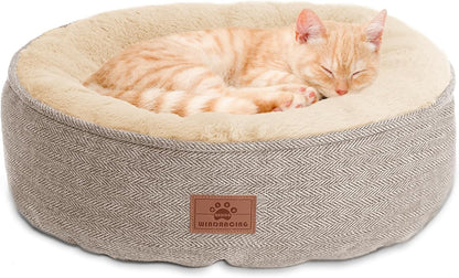 Cat Beds for Indoor Cats,Kitten Bed,Dog Bed for Extra Small Dogs Breeds,Puppy Kennel Bed, Comfy Durable Pet Sleeping Bed, Washable Roun Cat Beds & Non-Slip Bottom, Beige 18" L X 18" W X 7" Th