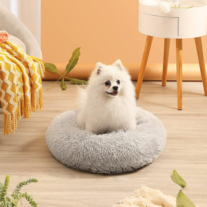 Anti-Anxiety Round Pet Bed for Cats and Dogs - Cozy Plush Design, Machine Washable, 20x20 Inches, Grey