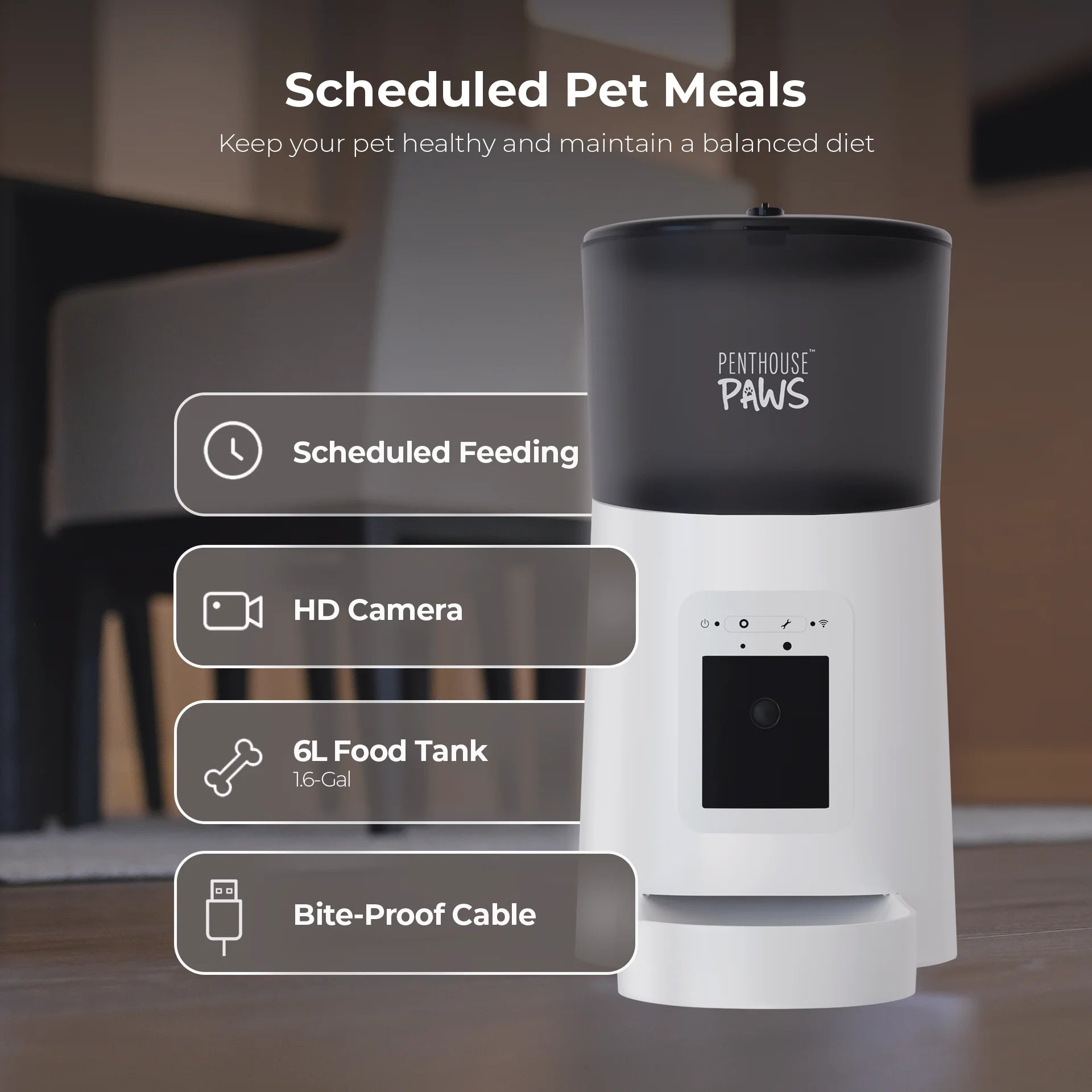 Smart HD Feeder, Automatic 6L Food Dispenser for Cats & Dogs, 1080P, 2-Way Audio, Backup Power, 15 Meals/Day, White