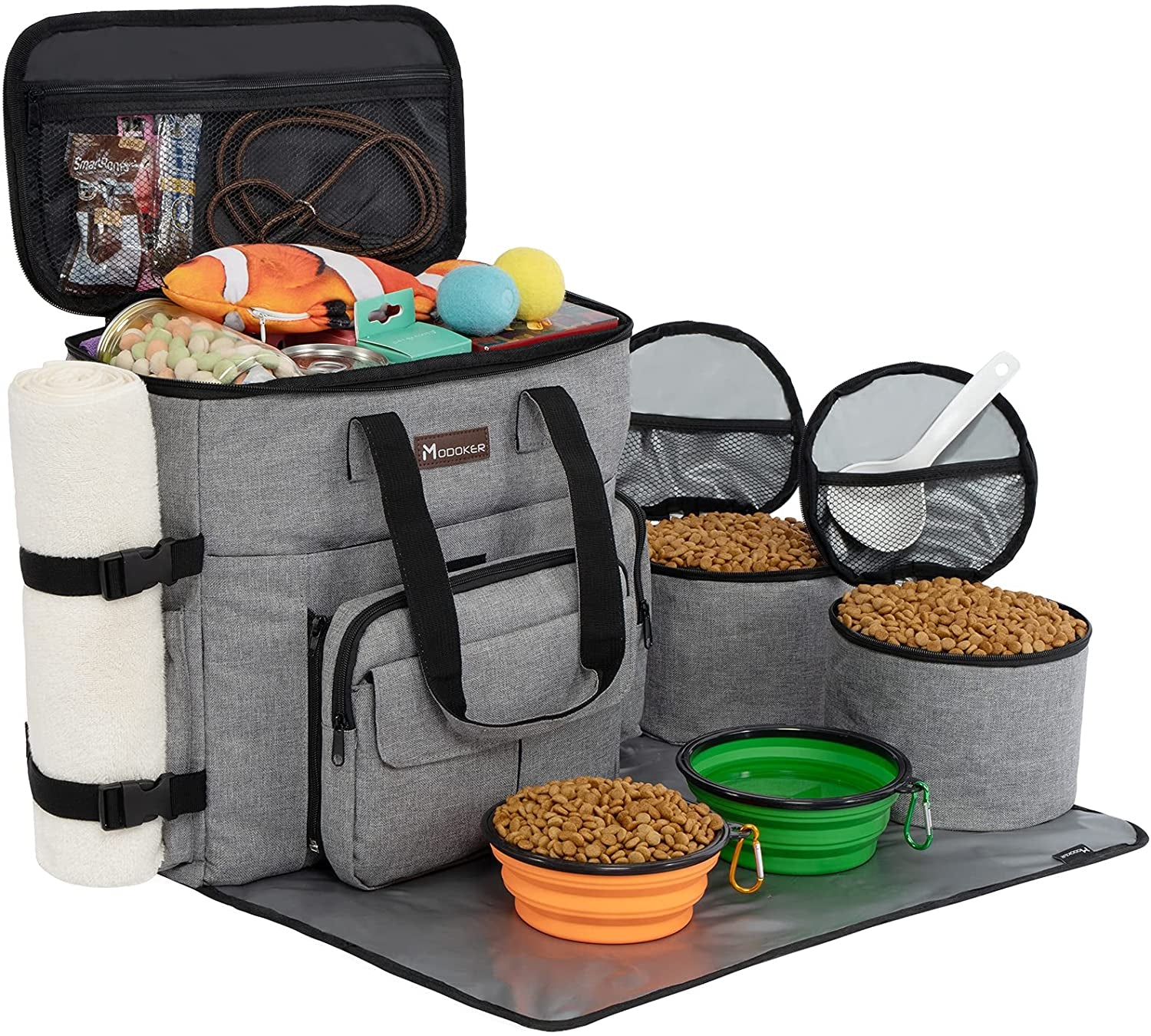 Dog Travel Bag with 2 Collapsible Dog Bowls, 1 Dog Backpack, Airline Approved Pet Travel Bagorganizer for Supplies & Accessories, 2 Travel Dog Food Container, Black