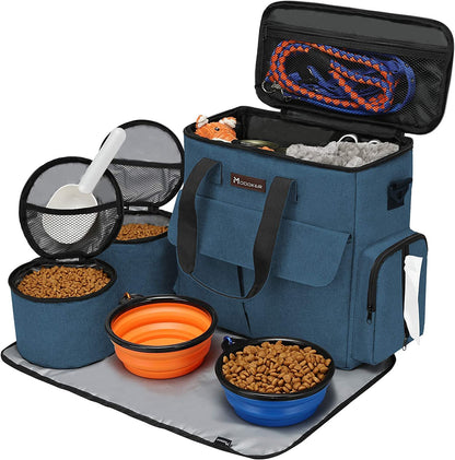 Dog Travel Bag with 2 Collapsible Dog Bowls, 1 Dog Backpack, Airline Approved Pet Travel Bagorganizer for Supplies & Accessories, 2 Travel Dog Food Container, Black