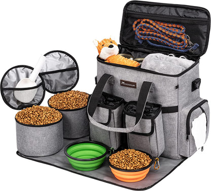 Dog Travel Bag with 2 Collapsible Dog Bowls, 1 Dog Backpack, Airline Approved Pet Travel Bagorganizer for Supplies & Accessories, 2 Travel Dog Food Container, Black