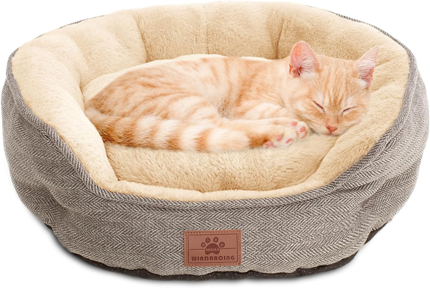 Cat Beds for Indoor Cats,Kitten Bed,Dog Bed for Extra Small Dogs Breeds,Puppy Kennel Bed, Comfy Durable Pet Sleeping Bed, Washable Roun Cat Beds & Non-Slip Bottom, Beige 18" L X 18" W X 7" Th