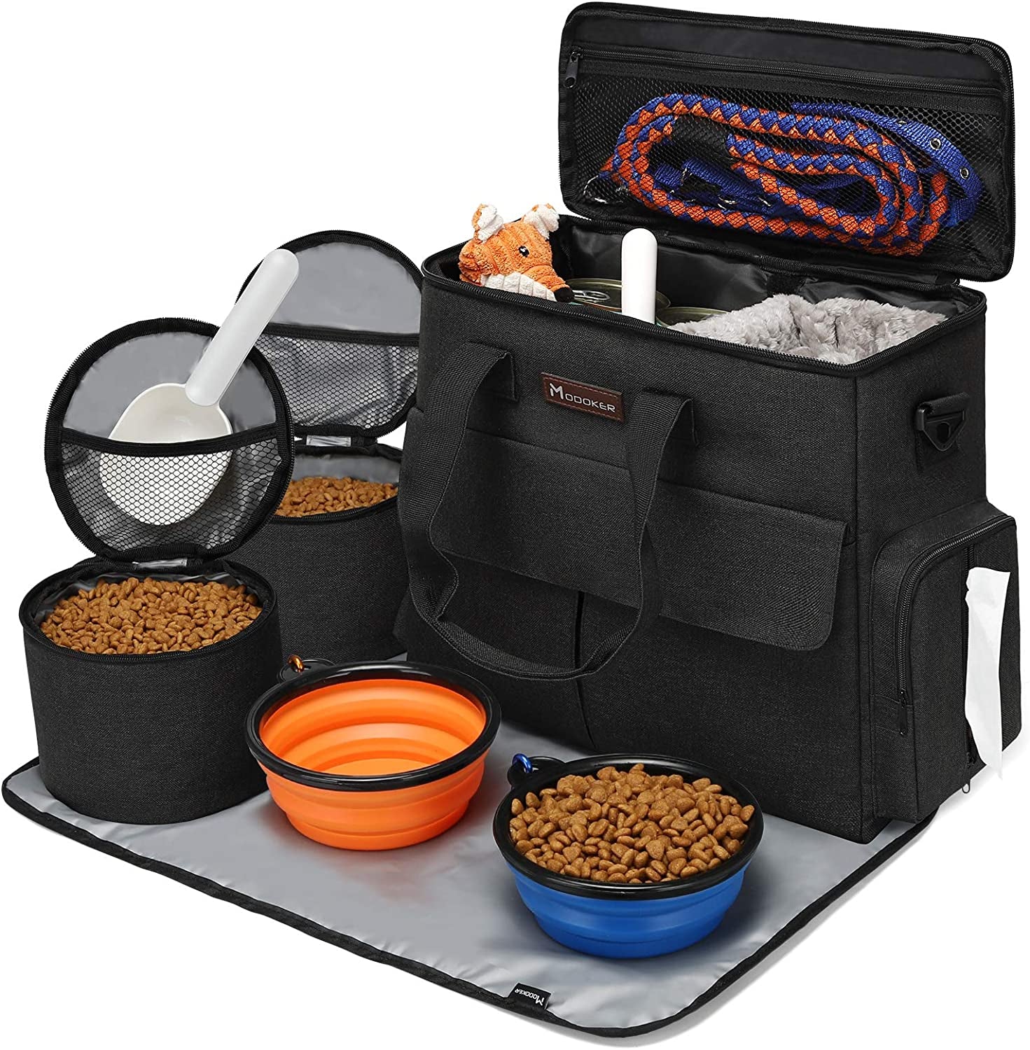 Dog Travel Bag with 2 Collapsible Dog Bowls, 1 Dog Backpack, Airline Approved Pet Travel Bagorganizer for Supplies & Accessories, 2 Travel Dog Food Container, Black