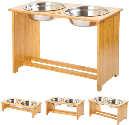 Raised Pet Bowls for Cats and Small Dogs, Bamboo Elevated Dog Cat Food and Water Bowls Stand Feeder with 2 Stainless Steel Bowls and anti Slip Feet (10'' Tall-50 Oz Bowl)