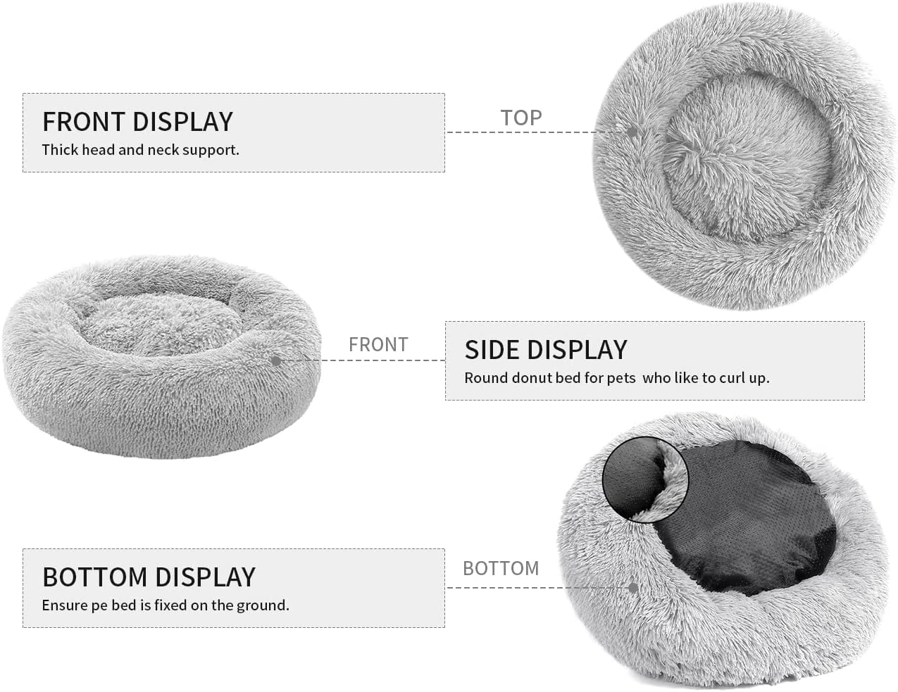 Anti-Anxiety Round Pet Bed for Cats and Dogs - Cozy Plush Design, Machine Washable, 20x20 Inches, Grey