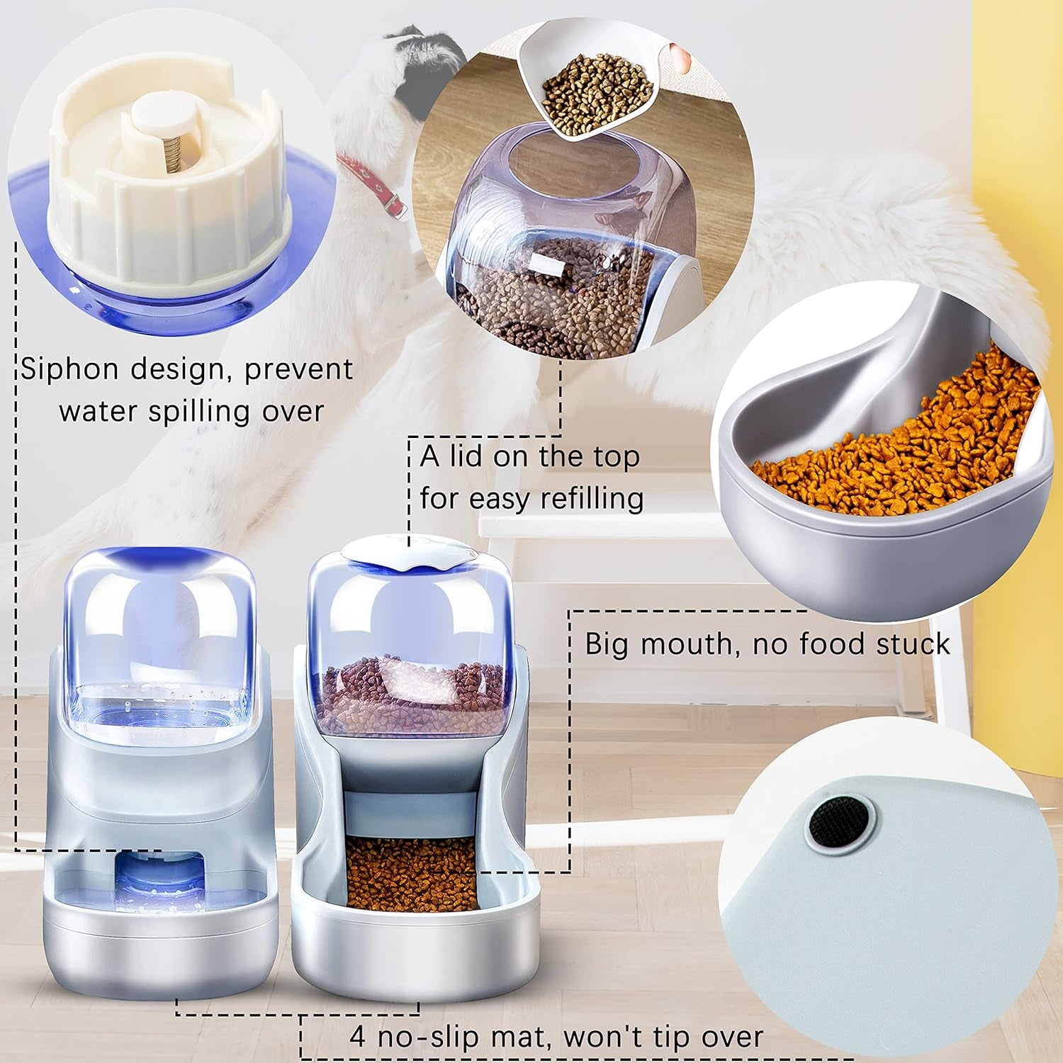 Automatic Dog and Cat Food Feeder and Water Dispenser Set with Stainless Steel Bowls,Gravity Pet Food and Water Feeders,100% Bpa-Free,Large Capacity for Cats Dogs Pets (Brown)